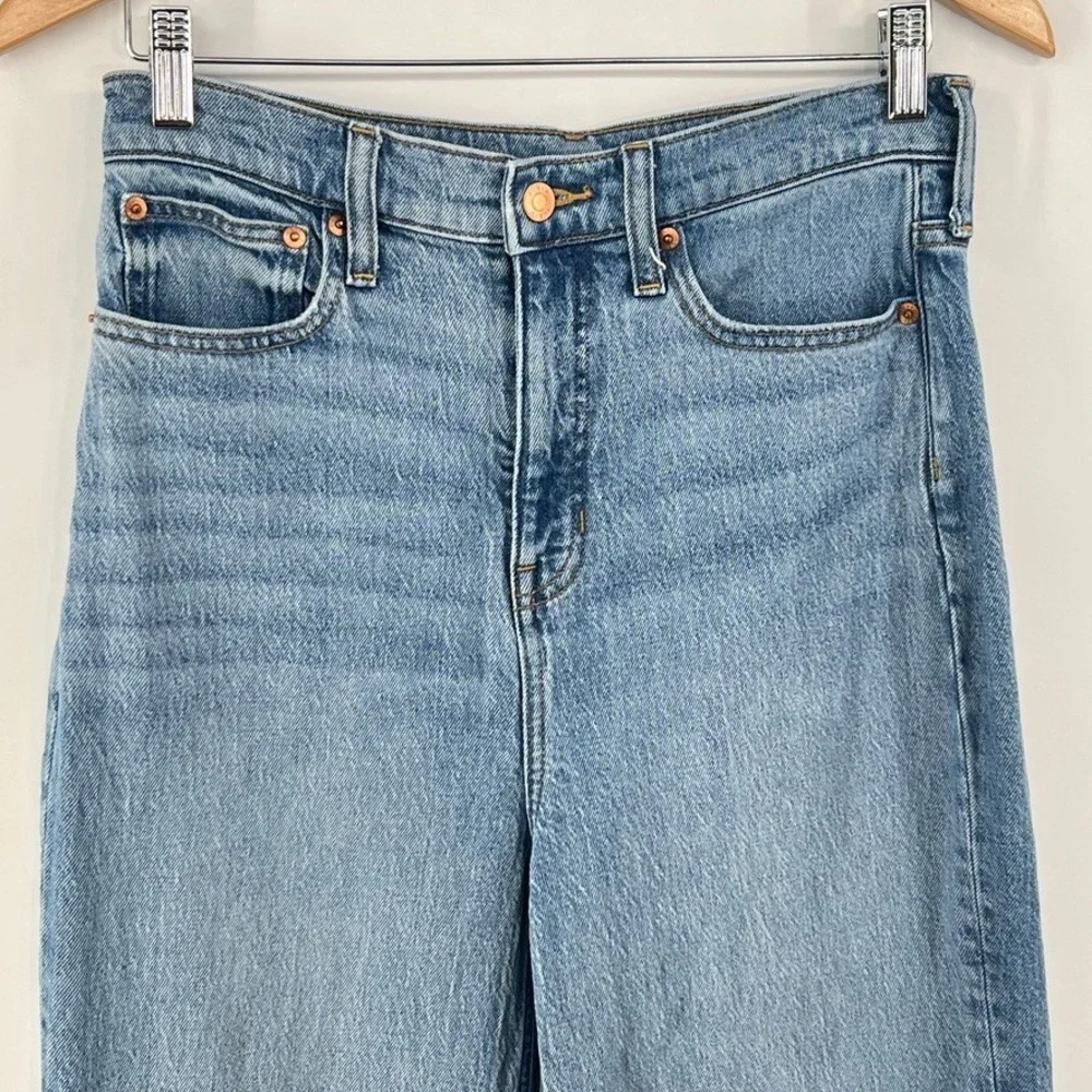 J. Crew Wide Leg Trouser Jeans Sz 28 High Rise Raw Hem Light Wash Denim Festival